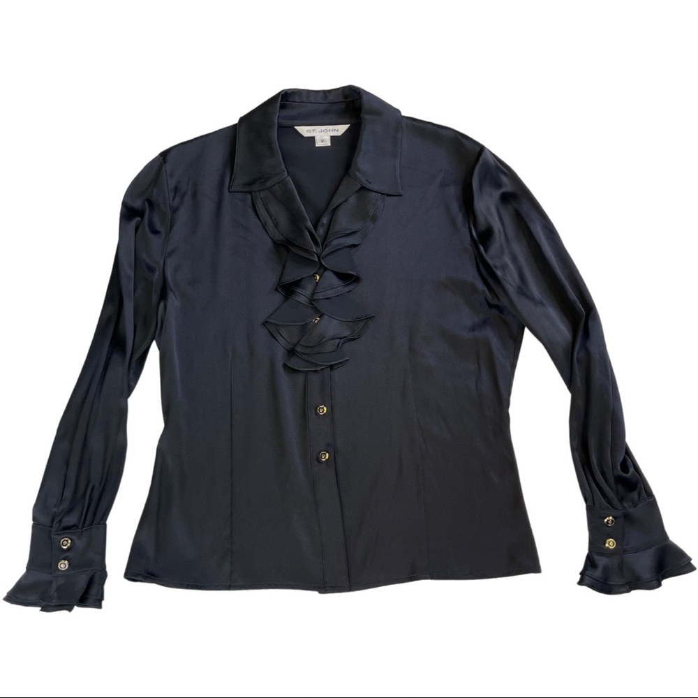 St. John Black Button Ruffle Silk Blouse Shirt 2